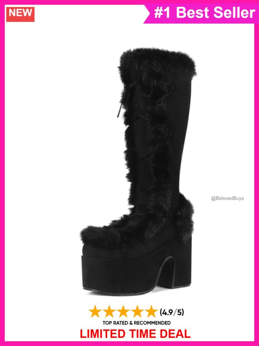 Faux Fur Lined Knee High Platform Boots Chunky Heel Lace Up